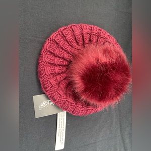 Kyi Kyi Women’s Knit Wool Blend Faux Fur Pom-Pom Winter Beanie (Burgundy)